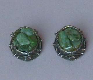 Oval OLD Vintage Large Green Jade Brass Stone Earrings  