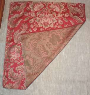 Red Silk Brocade Textile with Green and Beige Floral Design  