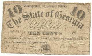 1863 State of Georgia 10 Cent Confederate Bank Note Currency  
