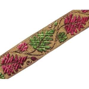  Jacquard Ribbon Trim Brown Pink Green Leaf Pattern 3 Yd 