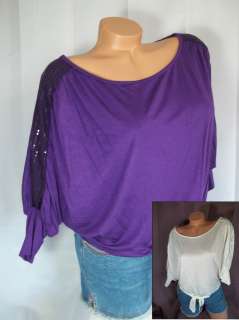 Dressy tie front sequins dolman sleeves S M purple off white blouse 