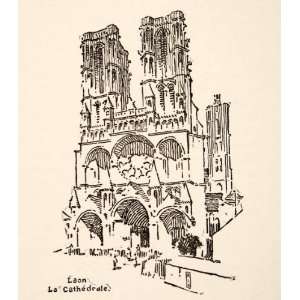  1917 Wood Engraving Laon La Cathedrale France Roy L 