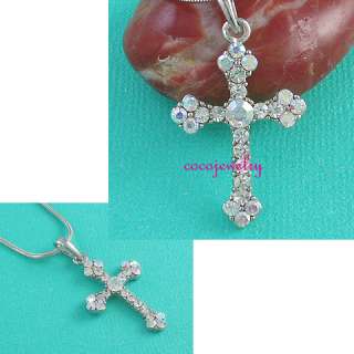 Small Clear Silver Tone Cross Crystals Pendant Necklace  