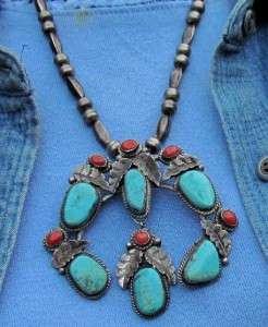   STER SILVER TURQUOISE CORAL SQUASH BLOSSOM NAJA PENDANT BEAD NECKLACE
