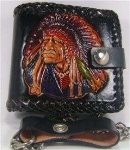 Black Genuine Leather Mens Western Double Indian Chain Wallet 