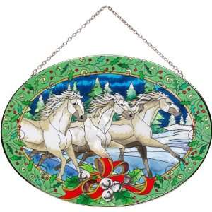   25 x 12.75 Winter Horses Oval Stained Glass Art Panel by Joan Baker