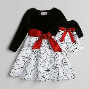   Me Black/White Holiday Dress Size 2T & Matching 18 Doll Dress Baby
