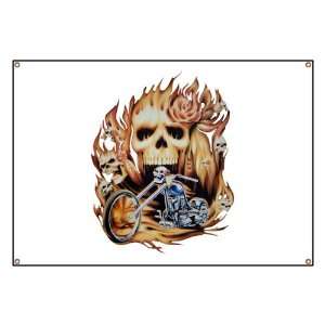  Banner Biker Skull Flames Rose and Motorcycle Everything 