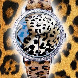 Leopard Fur horsehair strap Crystal Female Quartz Wrist watch fashion 