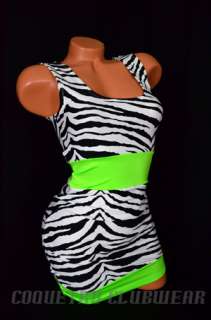 Neon Green & UV GLOW Zebra Print Bodycon Tank Sexy Clubwear Lycra Mini 