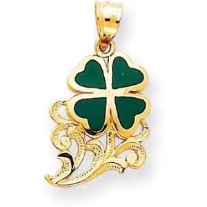  Green Enameled Four Leaf Clover Charm, 14K Yellow Gold 