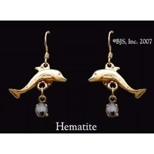  Dolphin Gemstone Earrings, 14k Yellow Gold, Hematite set 
