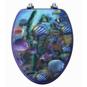 Elongated Violet 3D Toilet Seat with Fish in the Sea; Chromed Metal 