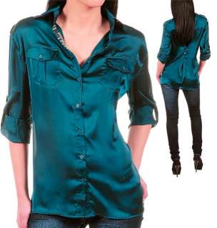 TEAL Silky SATIN BLOUSE shirt top CONVERTIBLE SLEEVE cuff NEW vtg 