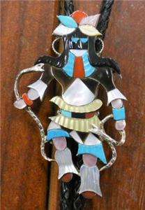   AMERICAN ZUNI BOLO TIE STERLING WITH TURQUOISE AND CORAL INLAY  