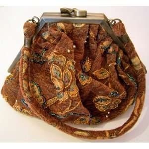  Brown Bronze Beaded TAPESTRY Purse Pouch Bag Handbag day 