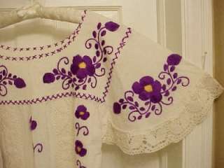 MEXICAN PEASANT DRESS EMBROIDERED PURPLE FLORAL CROCHET LACE HIPPIE 