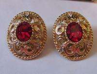 Vintage VENDOME earrings RED RHINESTONE CELTIC OVAL  