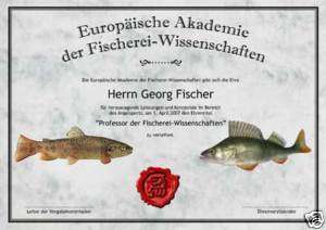 URKUNDE Professor der Fischerei Wissenschaft Angeln  