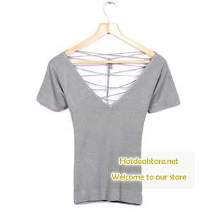  Gray Sexy Deep Neck Open Back Strappy Sweater Top Shirt  