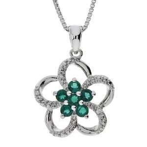 Sterling Silver Lab Created Emerald and Cubic Zirconia Flower Pendant 