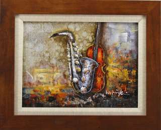 Guitar Sax Music Instruments Art   FRAMED OIL PAINTING  