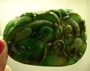   Carved Jade Pendant Imperial Apple Green Monkey Crane Worm Dragon