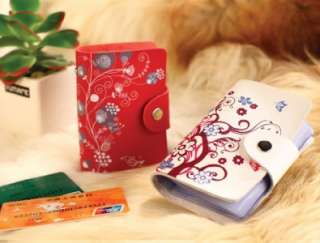 Japanese Leather Colorful White Flower Name ID Card Cards Case Holder 