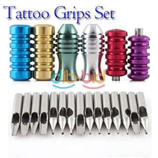 New Tattoo Supply 6 Colorful Grips 15Pcs Stainless Steel Tips Nozzles 