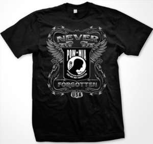 POW MIA Never Forgotten Mens T shirt Barbed Wire Wings Shield American 