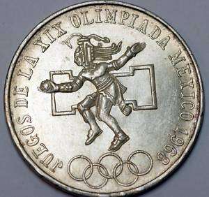 25 Paso 1968 Olympics Silver Mexico Coin   AU  