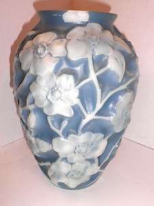 Vintage Phoenix Art Glass Blue & White Flowered Vase As Is  