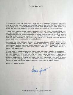 Dean Koontz Author typed and signed letter / autograph  