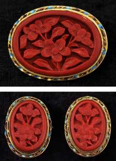 Chinese Sterling Silver Red Carved Cinnabar Clip On Earrings & Pin 