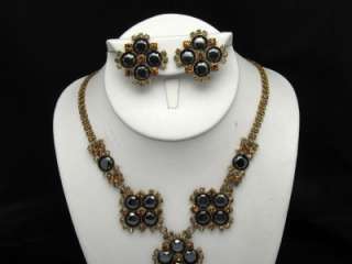 Dramatic Vintage CZECH Necklace Earring Set Hematite Amber Rhinestone 