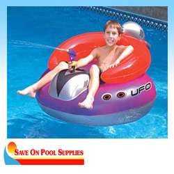 Fun inflatable UFO ride on pool toy includes a ray gun squirter with a 