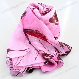 1x Pink Color Begonia Flower Pattern Long Wrap Scarf Shawl Fashion 