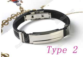 1pcs Fashion Mens Silver Stainless Steel Rubber Bracelet Wristband 