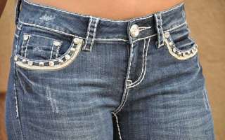 LA Idol Boot cut jeans with rhinestone, white faux leather design.