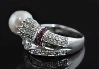 Samuel B 14K White Gold Akoya Pearl Diamond Pave Ruby Wrap Band Ring 5 