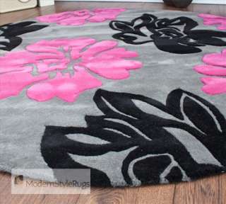 Grey Black Pink Modern 100% Wool Round Circle Rug 170cm  