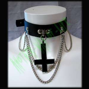 Leather Choker with inverted black cross punk goth  