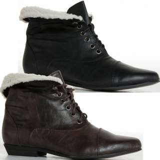 Ladies Black Brown Flat Pixie Winter Women Lace Fur Ankle Boots Size 3 