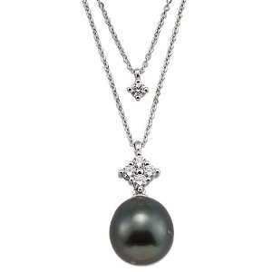  Tahitian Black Pearl Necklace with Diamonds in 14K White 