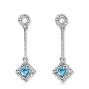  14k White Gold Stylish Blue Topaz Diamond Drop Earrings Jewelry