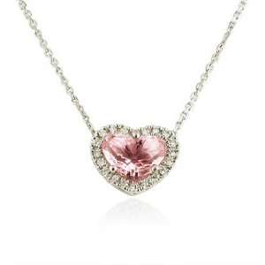   Diamond and Pink Quartz 14k White Gold Heart Pendant Necklace Jewelry