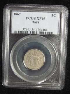 1867 Shield Nickel PCGS XF 45 Rays  
