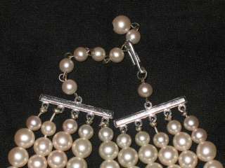 Vtg 5 Strand 1950s Faux PEARL and CRYSTAL Bib NECKLACE  