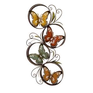 Metal wall décor detailing multiple encircled, colorful butterflies.