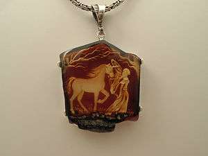 NATURAL HAND CARVED AMBER PENDANT NECKLACE FAIRY W UNICORN 925 